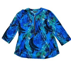 Tango Mango women’s top size XL Blue Black Green‎ 1/2 zip abstract button sleeve